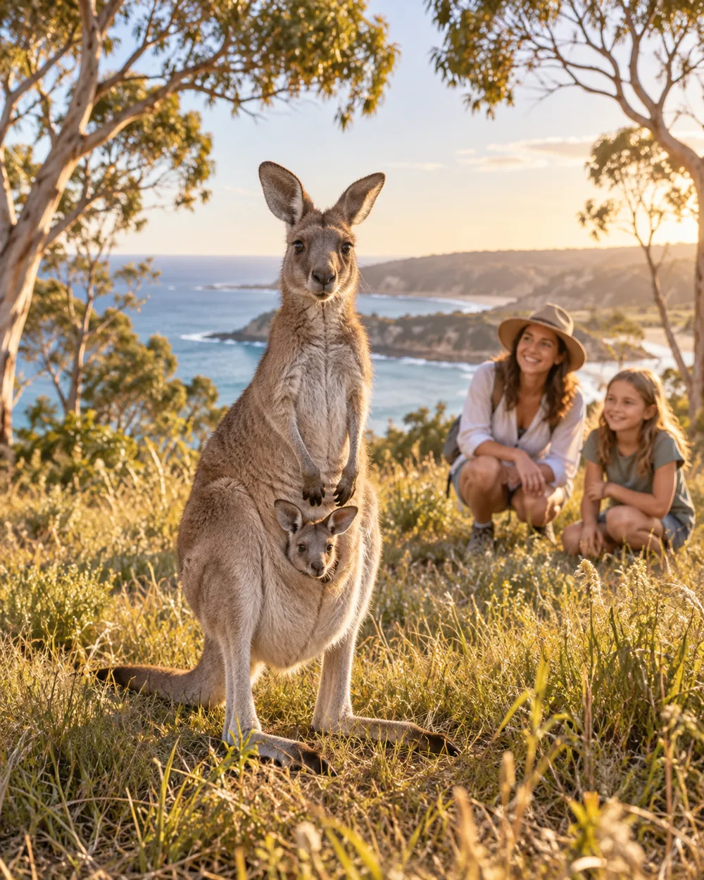 Känguru mit Jungtier an einer sonnigen australischen Küste, beobachtet von Mutter und Kind – KI-generierte Reiseinspiration
