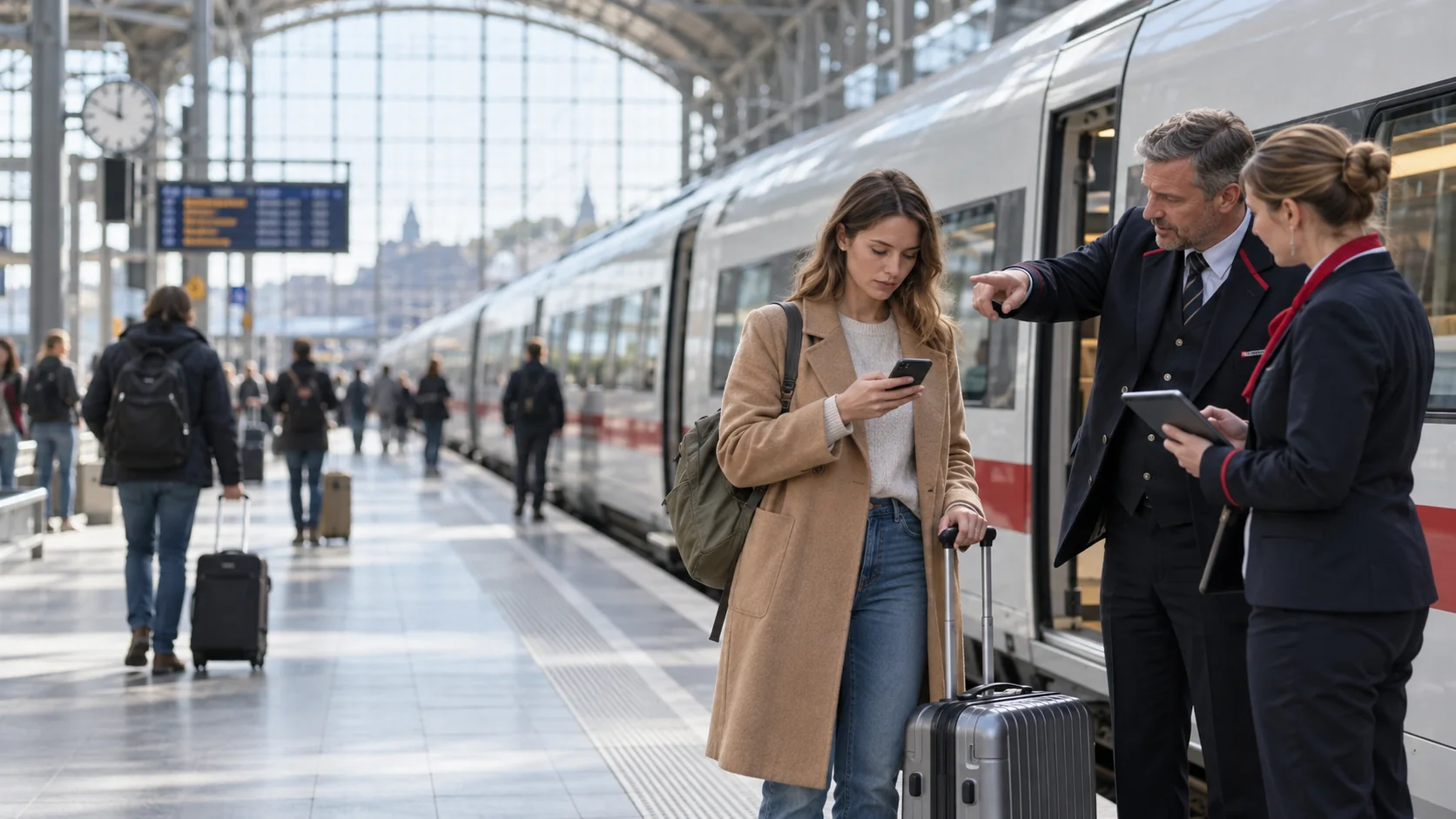 Reisende erhält an einem europäischen Bahnsteig Hilfe von Zugpersonal