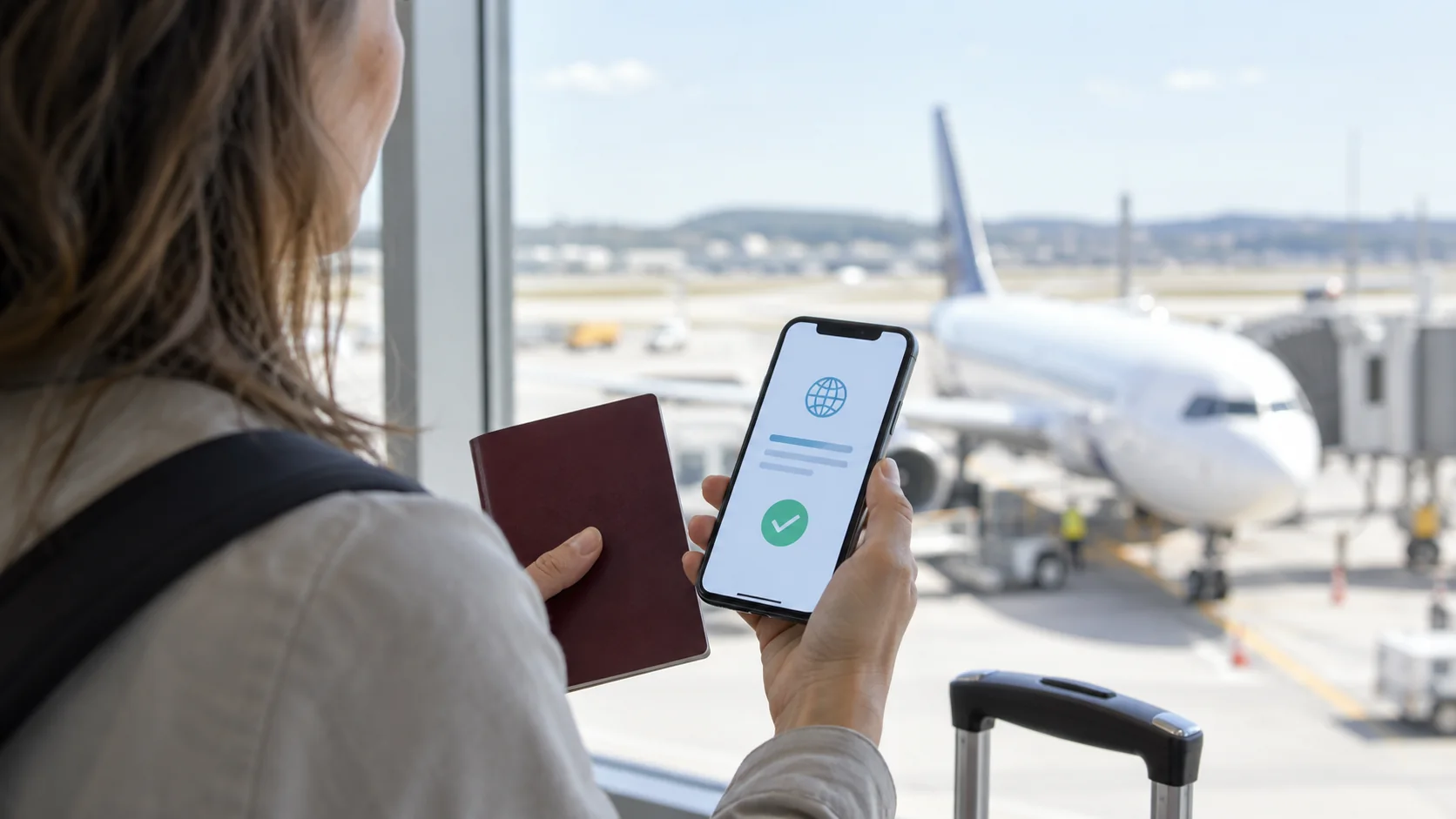 Reisende hält am Flughafen Reisepass und Smartphone mit digitaler Reisegenehmigung