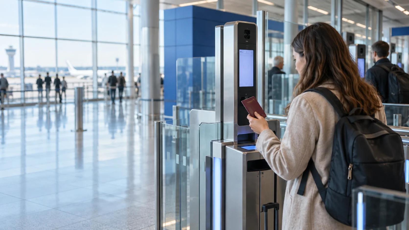 Reisende nutzt an einem europäischen Flughafen ein biometrisches Grenzterminal