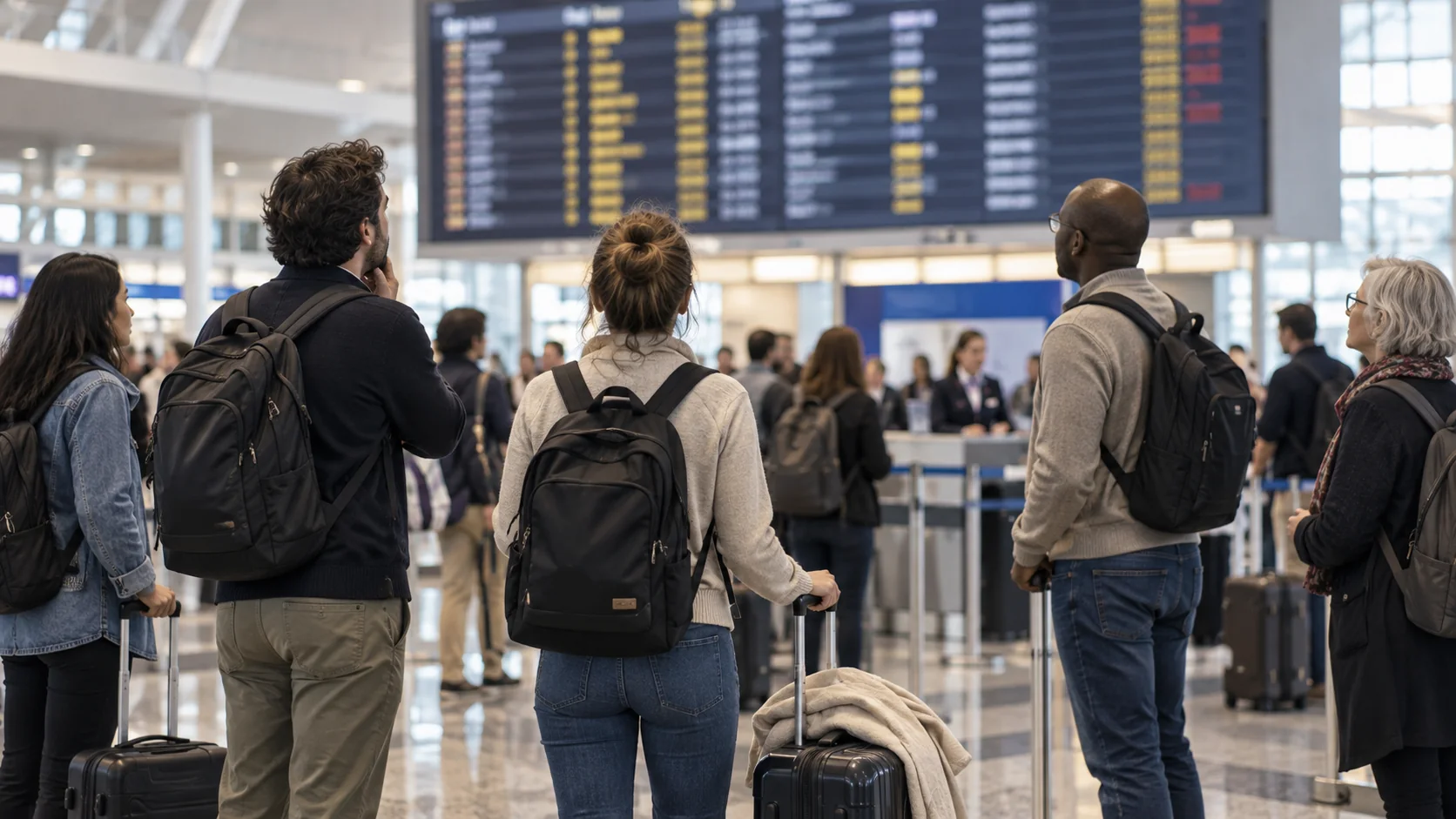 Reisende prüfen in einer Flughafenhalle eine Anzeigetafel bei einer Flugverspätung