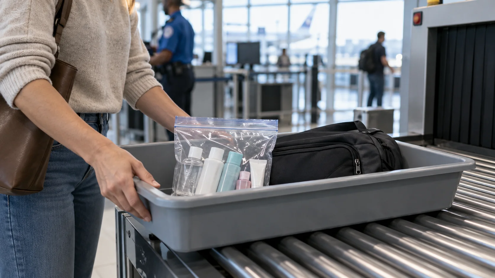 Transparenter Beutel mit kleinen Flüssigkeitsbehältern in einer Sicherheitskontrollwanne