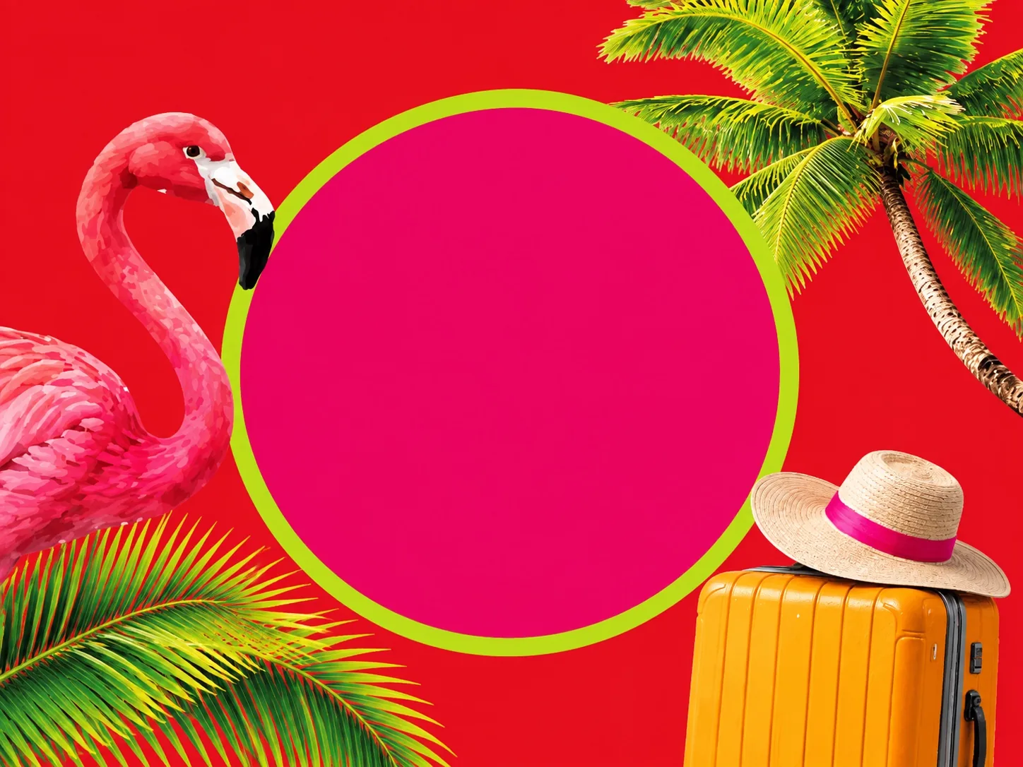 Bunte urlaubme-Karrierewelt mit Flamingo, Palme und Reisekoffer