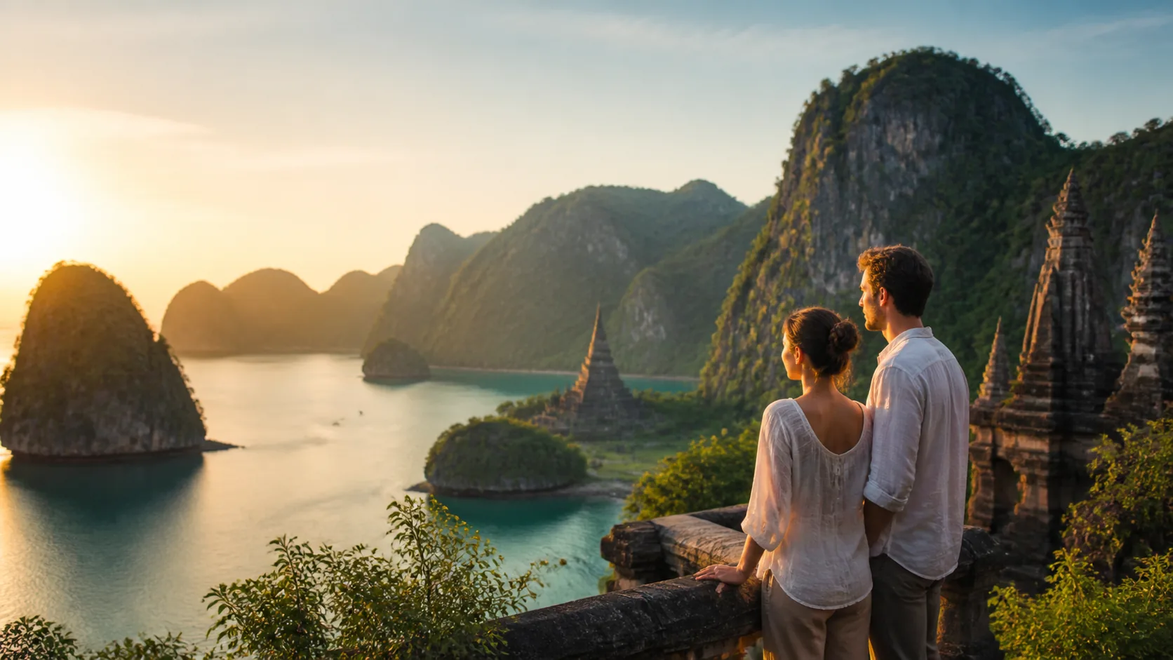Couple gazing at a tropical coastal landscape in Asia at sunrise