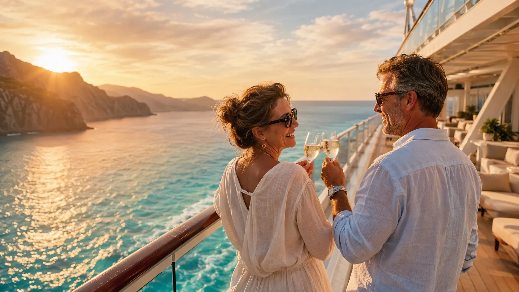 Couple toasting at sunset on the deck of a cruise ship